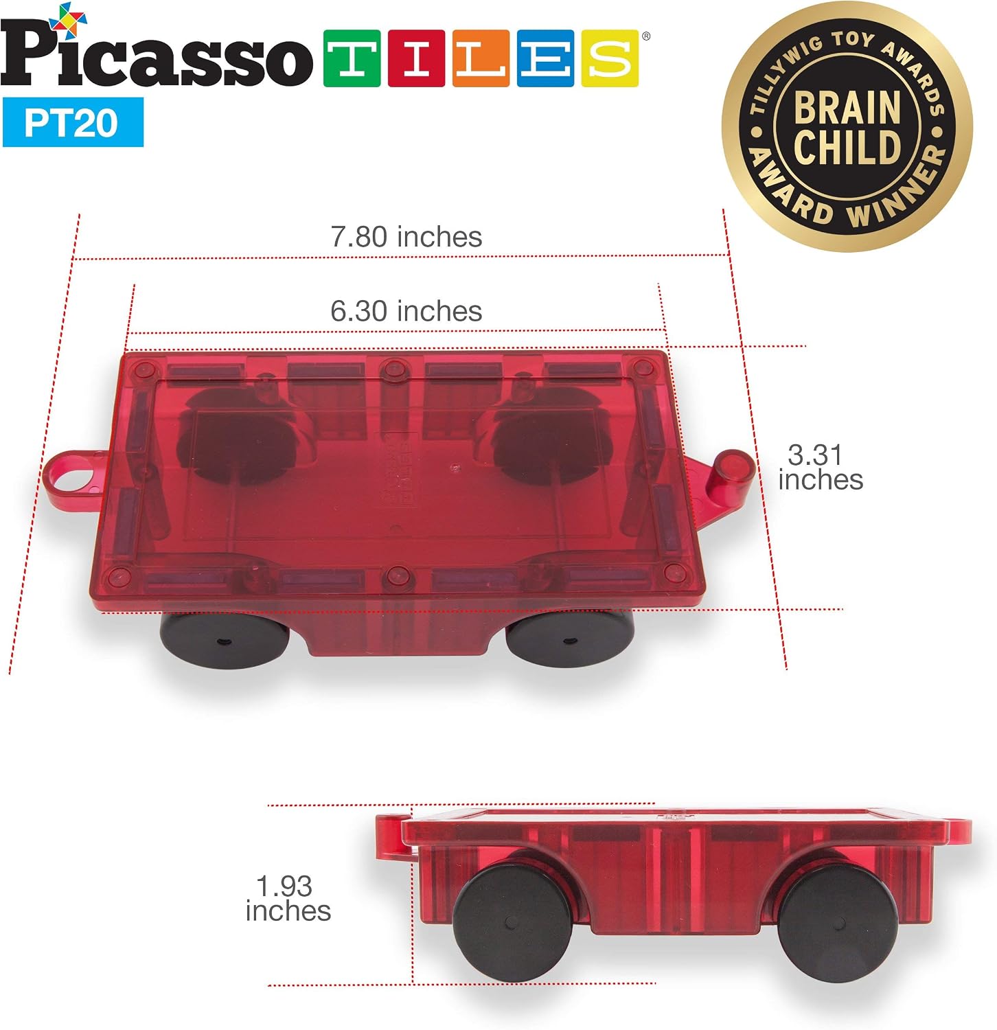PicassoTiles 2 Piece Car Truck Construction Kit Toy Set Vehicle for Magnetic Blocks Building Tile Sensory Magnet Toys with Re-Enforced Hitch & Long Bed Educational Puzzle Girls Boys Toddlers Ages 3+ - Image 3
