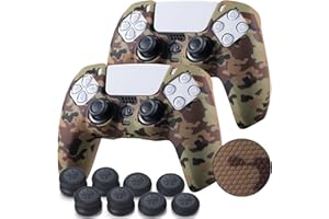YoRHa Grip Texture Silicone Skin for PS5 Controller x 2(Brown Camouflage) with Pro Thumb Grips x 8