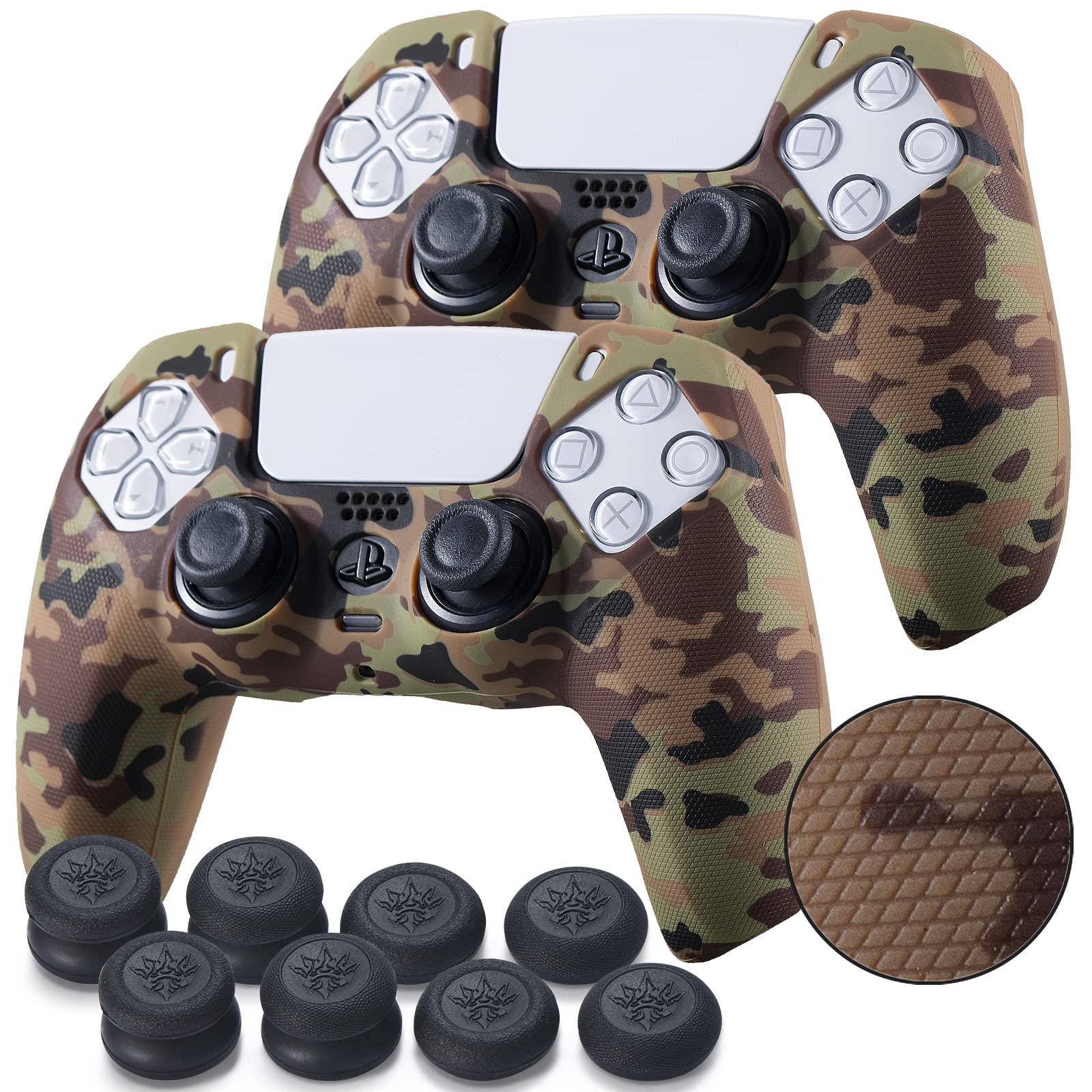 YoRHa Grip Texture Silicone Skin for PS5 Controller x 2(Brown Camouflage) with Pro Thumb Grips x 8