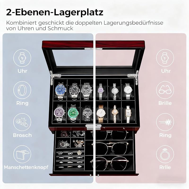 Uhrenbox 12 Fächern für Herren,2 Ebenen Uhrenkasten mit Glasdeckel