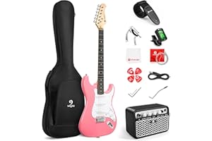 Vangoa 39 Inch Full Size Electric Guitar Beginner Kit Solid Body SSS Pickups with Amp, Bag, Tremolo Bar, Strings, Tuner, Picks, Strap, Capo, Cable for Starter Girls Adults Teens, Petal Pink