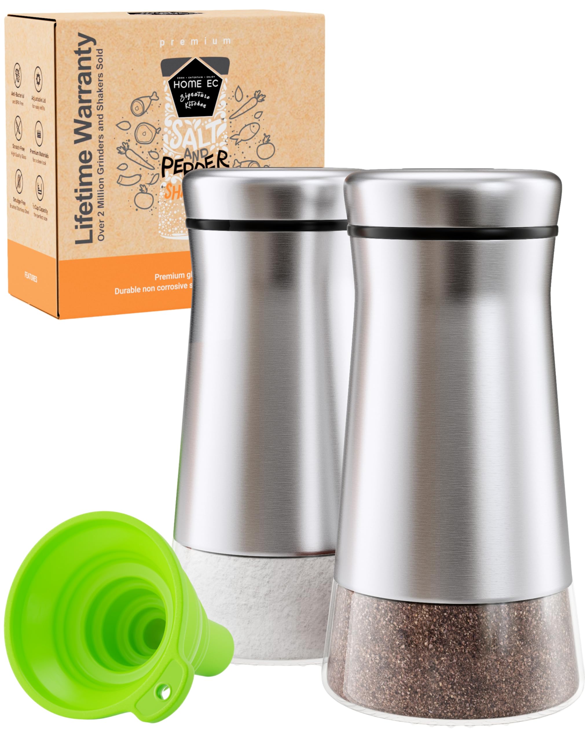 Photo 1 of HOME EC Original Salt and Pepper Shakers Set with Adjustable Pour Holes - Glass and Stainless Steel Salt Shaker and Pepper Shaker - Farmhouse Spice dispenser for salts, ground peppercorn and spices
