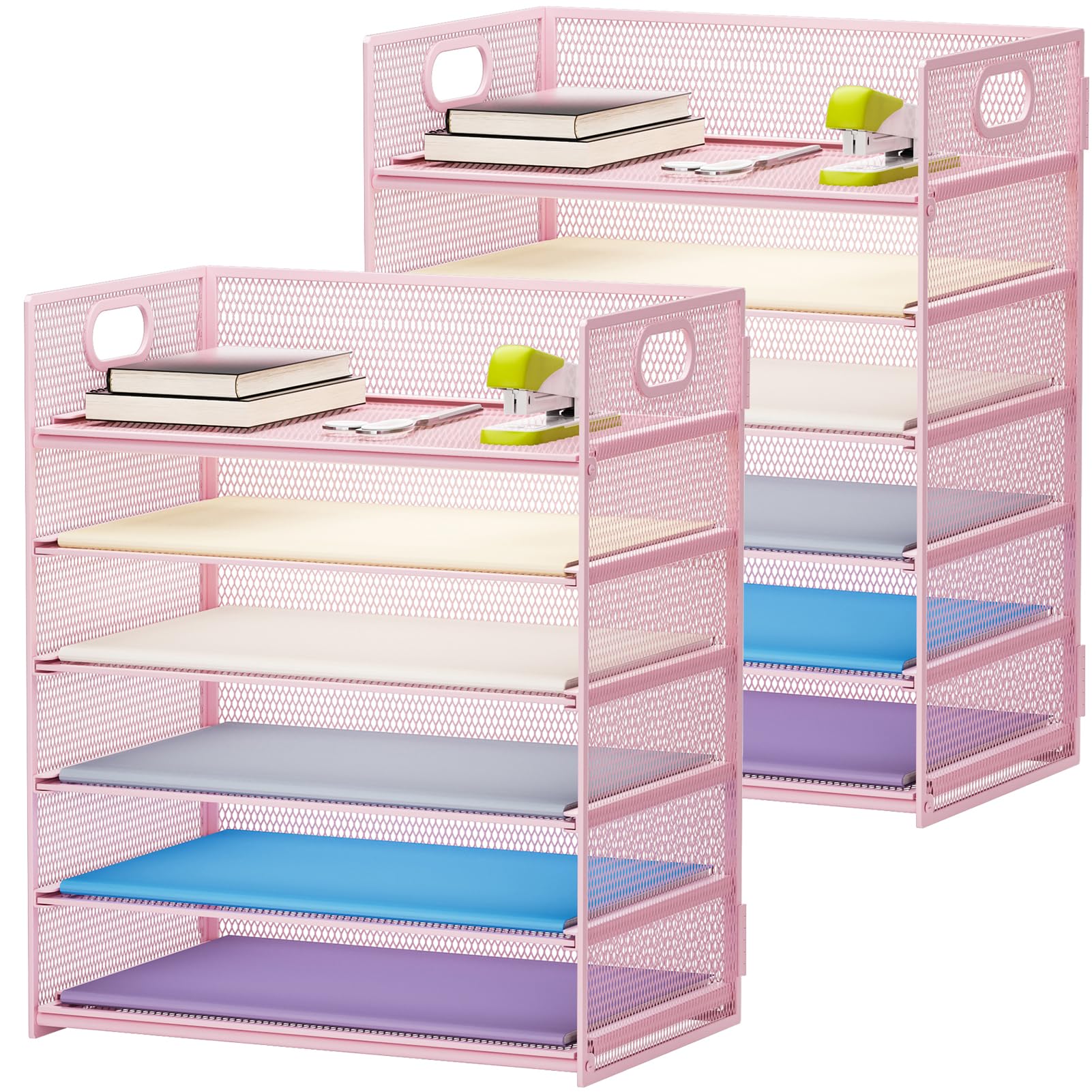 Photo 1 of Marbrasse 2 Pack Desk Organizer with Handle, 6 Tier Paper Letter Tray, Mesh Desk File Organizer for Office, School and Home - Pink