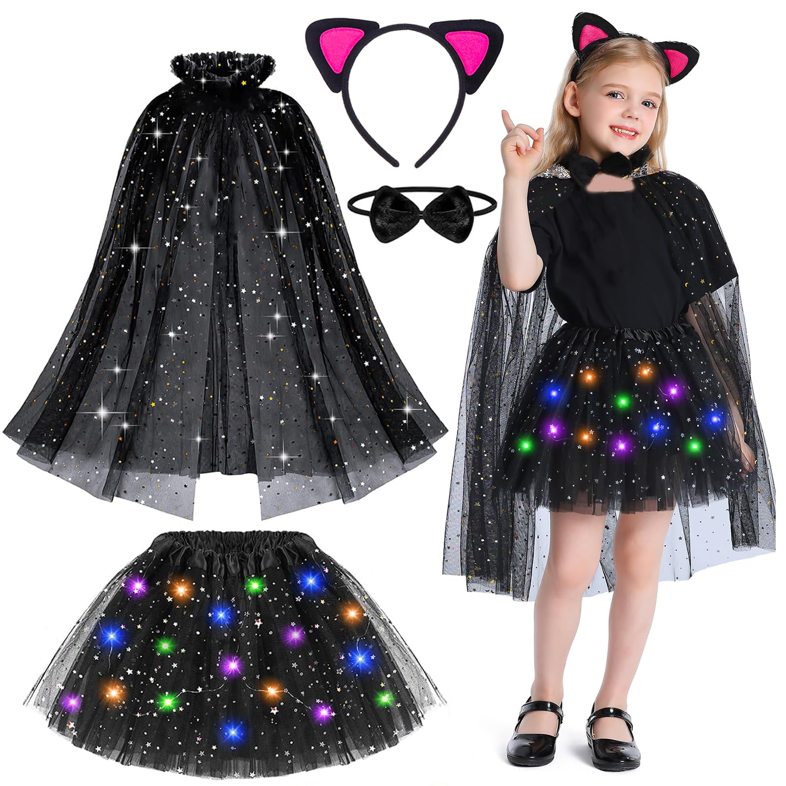 KAZGVN Cat Costumes For Kids, Halloween Costumes, 4PCS Carnival Costume Set Includes Cat Ears Headband Luminous Skirt Bow Cape, Cat Costume for Halloween Christmas Carnival Party — image 1