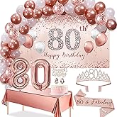 Trgowaul 80th Birthday Decorations Balloon Set Women's Arch, Rose Gold 80th Birthday Banner and Party Tablecloth, Belt and Tiara, Pink Gold 80th Balloon, Pink Birthday Cake Top, Latex Balloon * 60