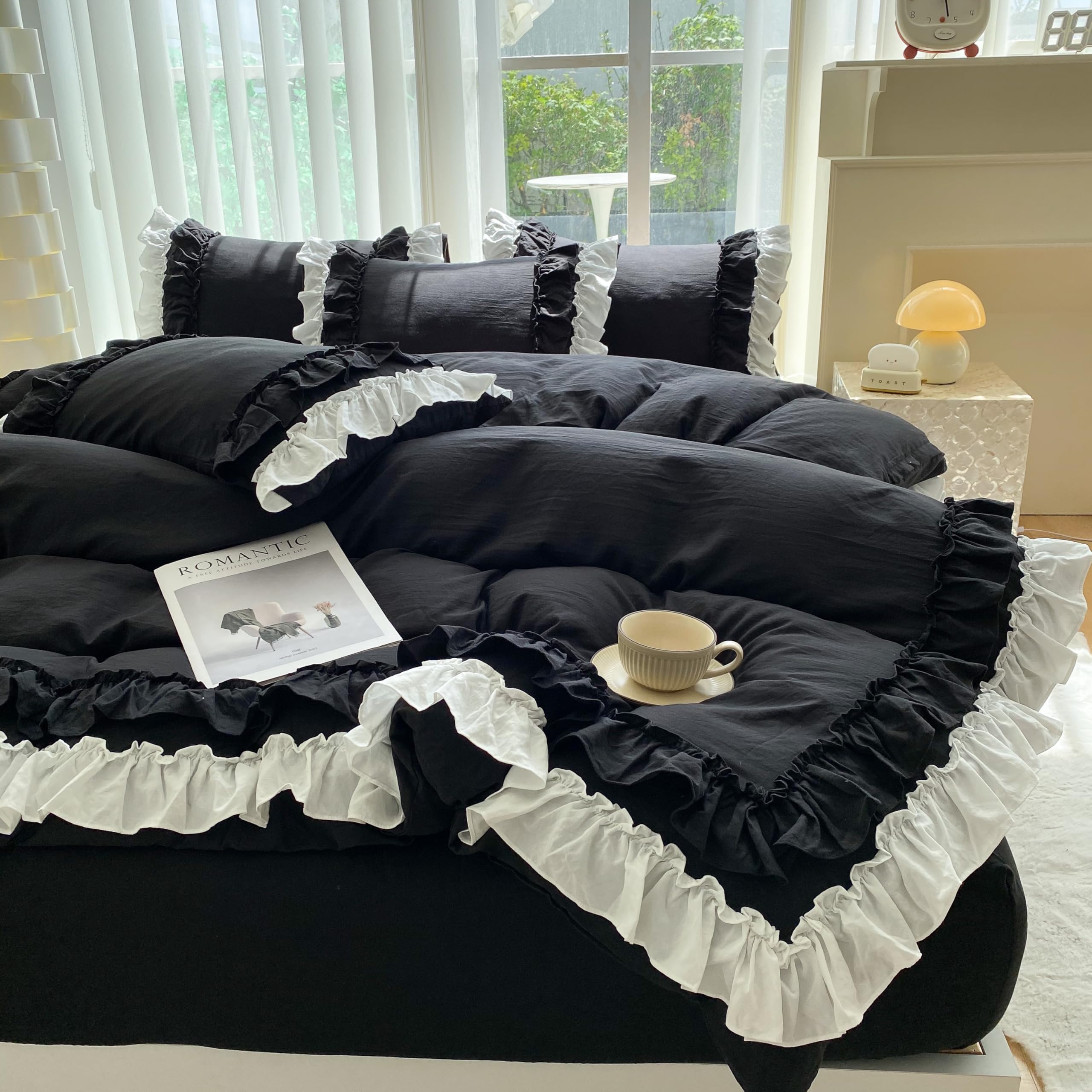 Photo 1 of Shabby Chic 3 Pieces Bedding,Vintage Ruffled Queen Duvet Cover Set with 2 Layers Ruffles,Soft Brushed Microfiber Set with Zipper Closure,Lightweight Duvet Cover Set-Black,Queen