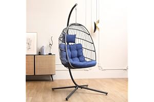 SWITTE Hanging Egg Chair with Stand, Egg Swing Hammock Chair with Stand, Indoor Outdoor Wicker Egg Chair with Cushion Headrest for Patio Bedroom Porch Garden, 350LBS Capacity(Dark Blue)
