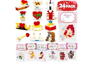 Qinline 24 Pack Valentines Day Gifts for Kids, Roses Bear Building Blocks Kit With Valentines Cards for Kids School Classroom, Class Valentines Gifts Exchange for Boys Girls, Valentine Party Favor Toy