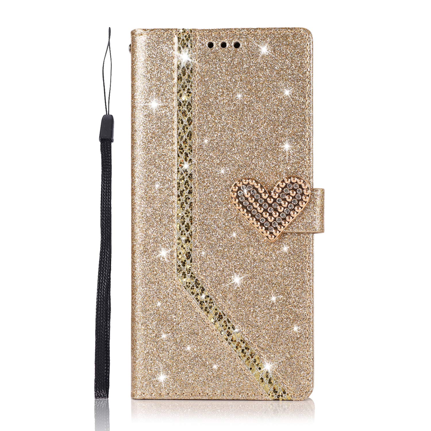 Samsung Galaxy A12 / M12 Case All Glitter for Girls Bling Love Heart 3D Gems Sparkle Shockproof Leather Wallet Flip Magnetic Protective Phone Case Folio Covers for Samsung Galaxy A12 / M12 Gold