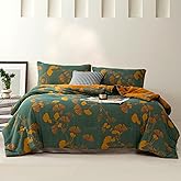 Purefair 100% Cotton Muslin Jacquard Comforter Set, Floral Ginkgo Leaves Print, Soft Lightweight Reversible 3 Piece Bedding Sets for All Season, Green Yellow, King(104"x90")