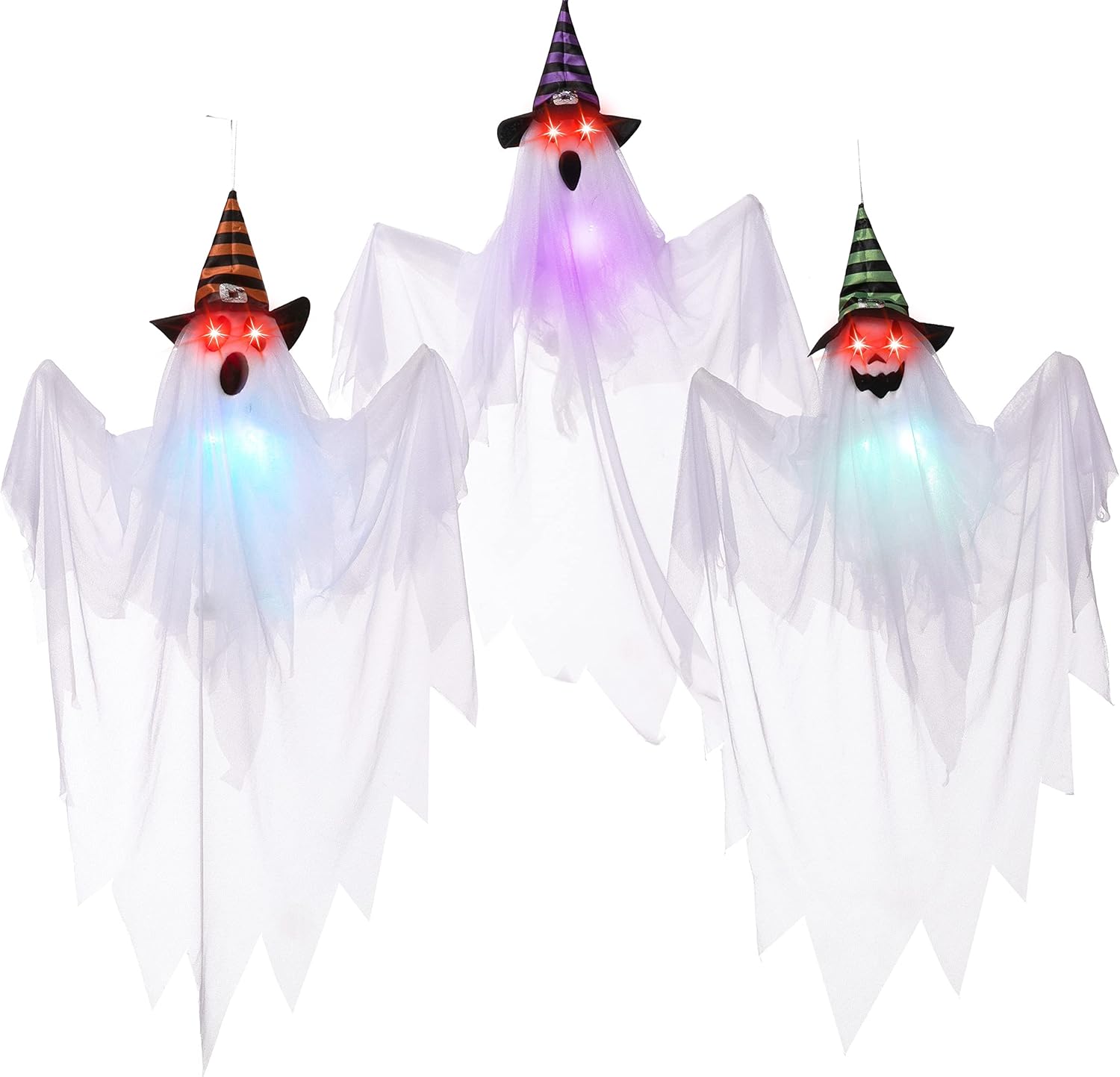 Outdoor Holiday Decorations - JOYIN 29.5'' Halloween Ghosts Decorations with Witch Hats (3 Pcs), Light-up Hanging Ghost Decorations with Spooky Red Eyes for Halloween Yard Lawn Patio Decorations Party Décor and Trick-or-Treat