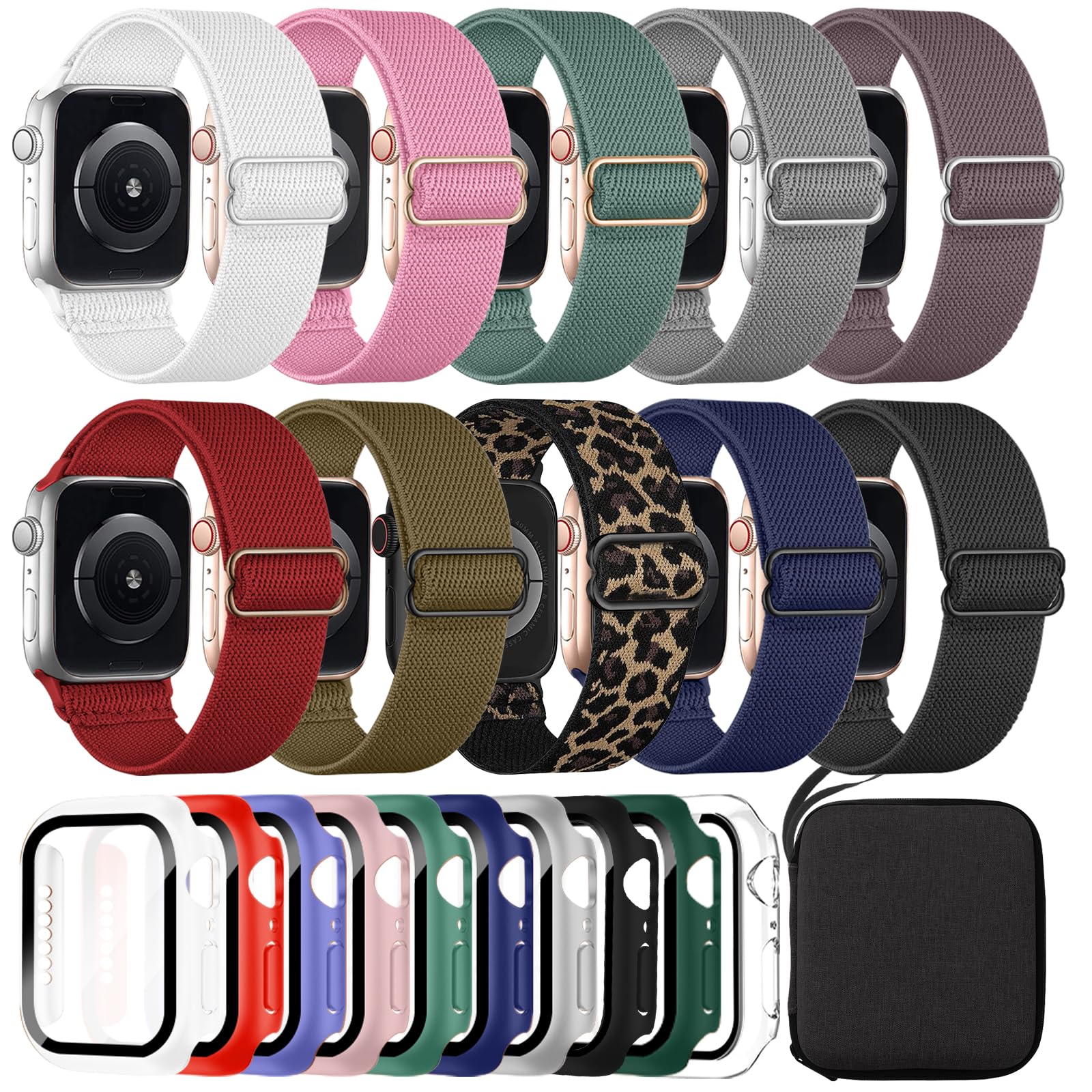 10 Pack Nylon Stretchy Band Compatible with Apple Watch Bands 40mm 41mm 42mm 44mm 45mm 46mm for Women Men, Watch Case(Compatible for Apple Watch Series 11 10 9 8 7 6 5 4 3 SE/2