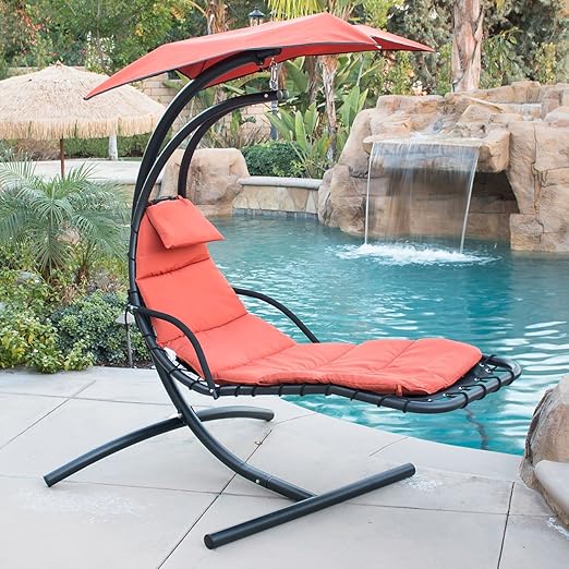 Amazon Com Belleze Hanging Chaise Lounger Chair Arc Stand Air Porch Swing Hammock Chair Canopy Orange Kitchen Dining