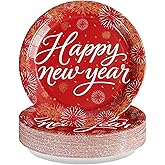 Greencian 50Pcs Happy New Year Paper Plates 10" Large Heavy Duty Disposable Red Fireworks Plates New Year Party Decorations for Eve Party Celebration Supplies