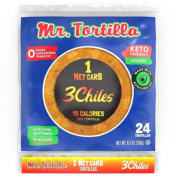 MR. TORTILLA LOW CARB KETO SOFT TACO SHELLS, VEGAN HEALTHY SNACKS & BREAD ALTERNATIVE, 1 NET CARB 15 CALORIES, DELICIOUS SMALL BATCH KOSHER WRAPS – (SPICY 3 CHILES, 24 COUNT)