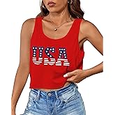 Aluvee USA 4th of July Tank Tops Women Red White and Blue Shirts Tank Tops American Patriotic Flag Crop Sleeveless Tee