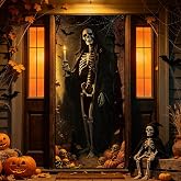Halloween Door Cover, 79 * 35inch Spooky Skeleton Halloween Door Decorations Reusable Skeleton Grim Reaper Sign Banner for Front Door Wall Haunted House Props Vintage Halloween Decor