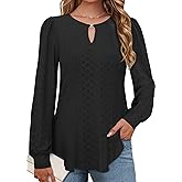 Cakrisyal Womens Long Sleeve Eyelet Tops V Neck Fall Shirts Casual Loose Blouses