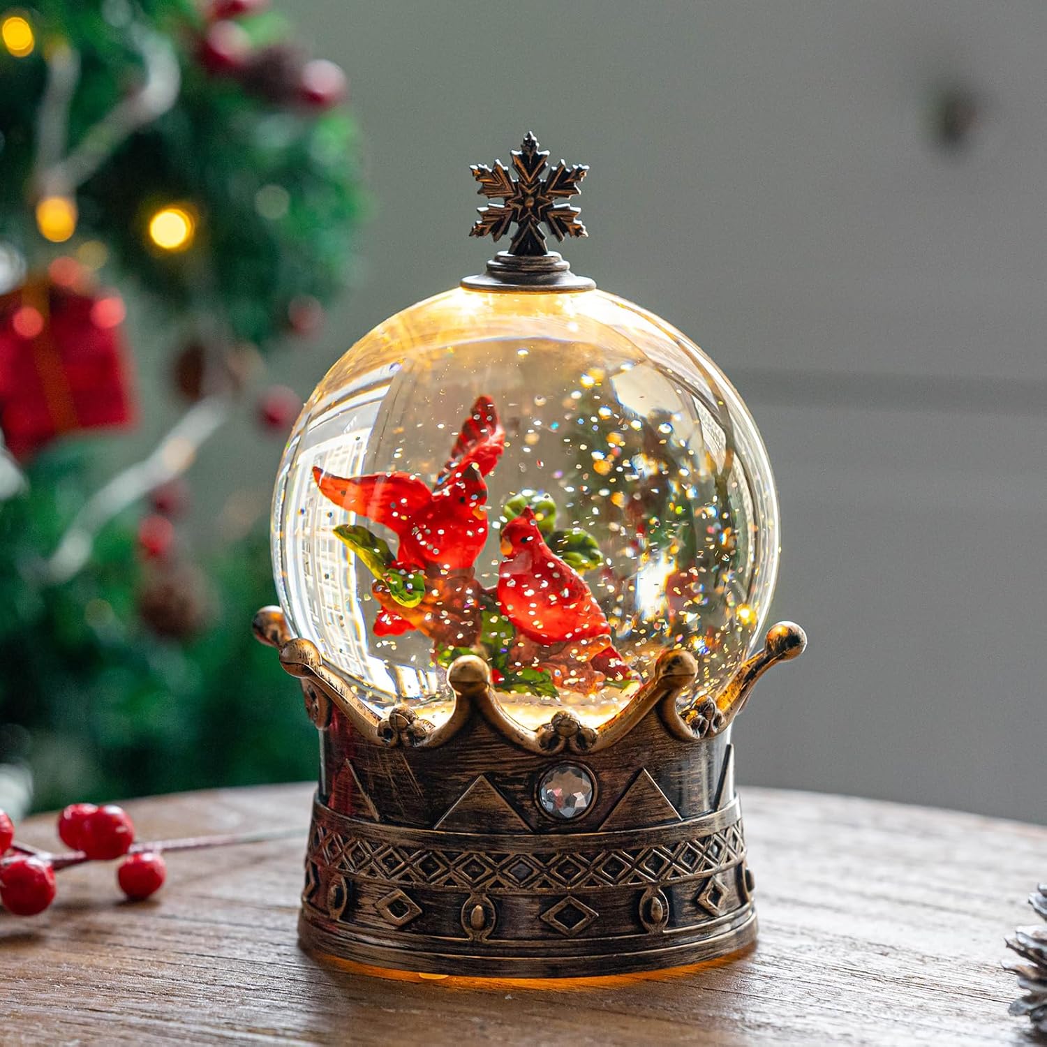 Snow Globes - Christmas Snow Globe Lantern Water Glittering Flying Cardinals Crown with Music & Timer, USB Lined/Battery Operated Lighted Lantern for Christmas Festival Decoration Gifts