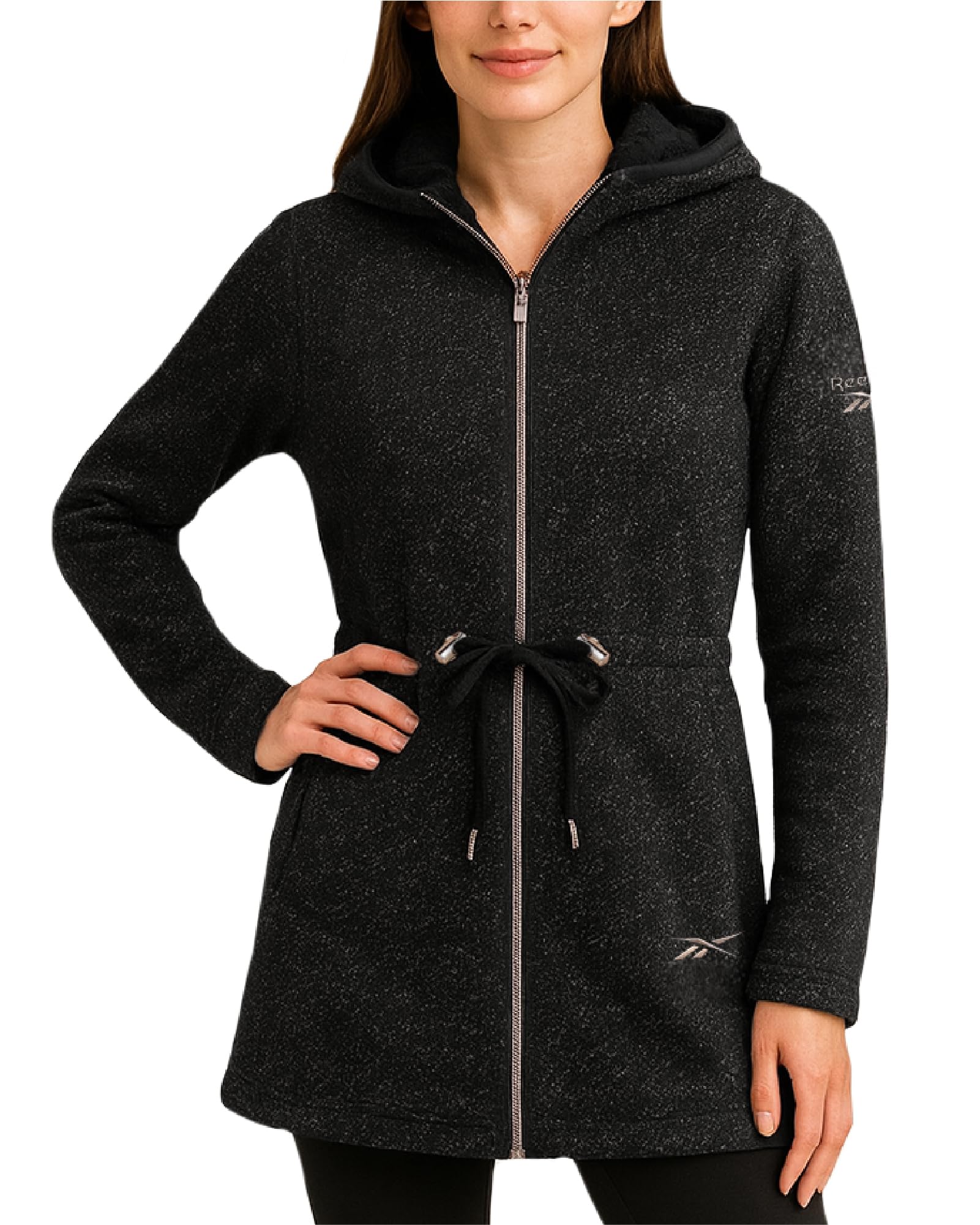 Photo 1 of Reebok Womens Fleece Jacket - Lightweight Fleece Jacket Women Sherpa Lined Long Hooded Zip Up Womens Sweaters with Pockets, Size Medium, Black