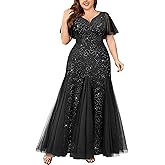 Miusol Women's Plus Size Sequins Lace Tulle Mermaid Hemline Sweetheart V Neck Formal Evening Party Maxi Dress