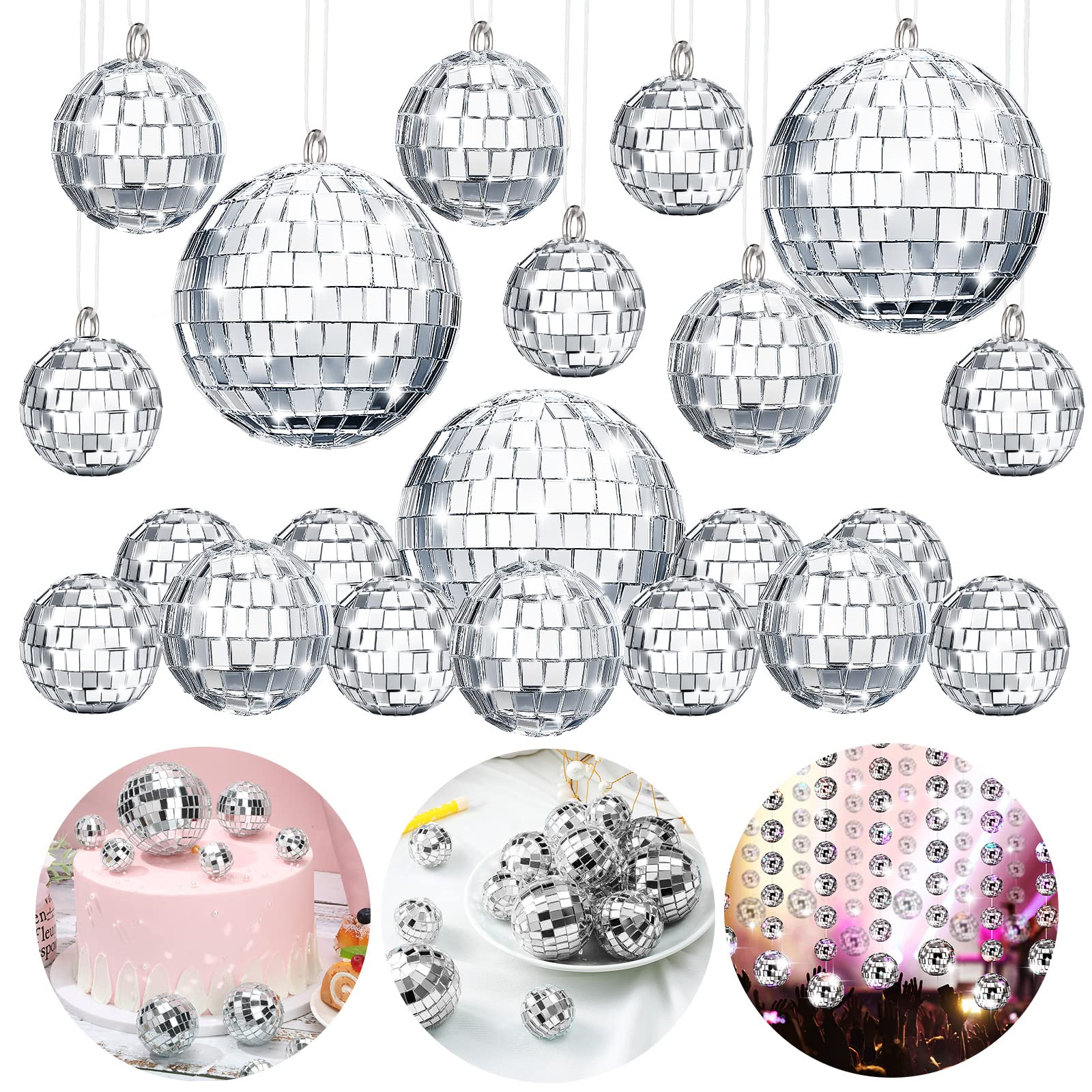 Photo 1 of MTLEE 20 Pcs Disco Balls Decoration Mirror Disco Ball Assorted Silver Hanging Mini Glass Different Sizes Reflective with Rope for 70s Wedding Dance Music Prom Props(3.9 Inch, 3.15 Inch, 2 Inch)