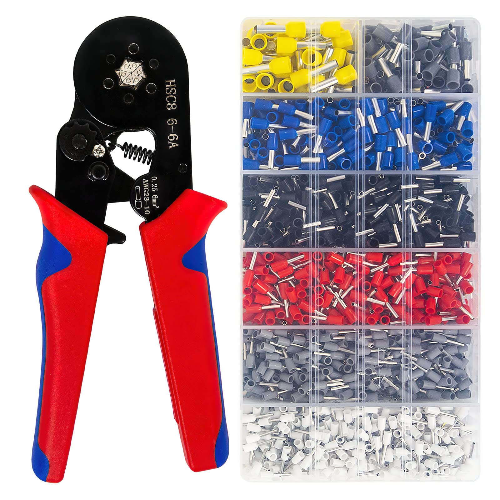 Bootlace Ferrule Crimping Tool, HFAN HSC8 6-6A 0.25-6mm² AWG23-10 Self Adjusting Ratcheting Ferrule Crimper, Wire end Cord end Lug Plier Crimping Tool with 1900 Terminal Crimp Connectors