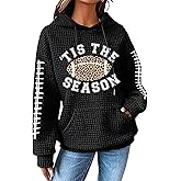 NEWWEN Game Day Sweatshirt Women Football Graphic Shirt Football Mom Waffle Knit Hoodie Game Day Long Sleeve Pullover Tops