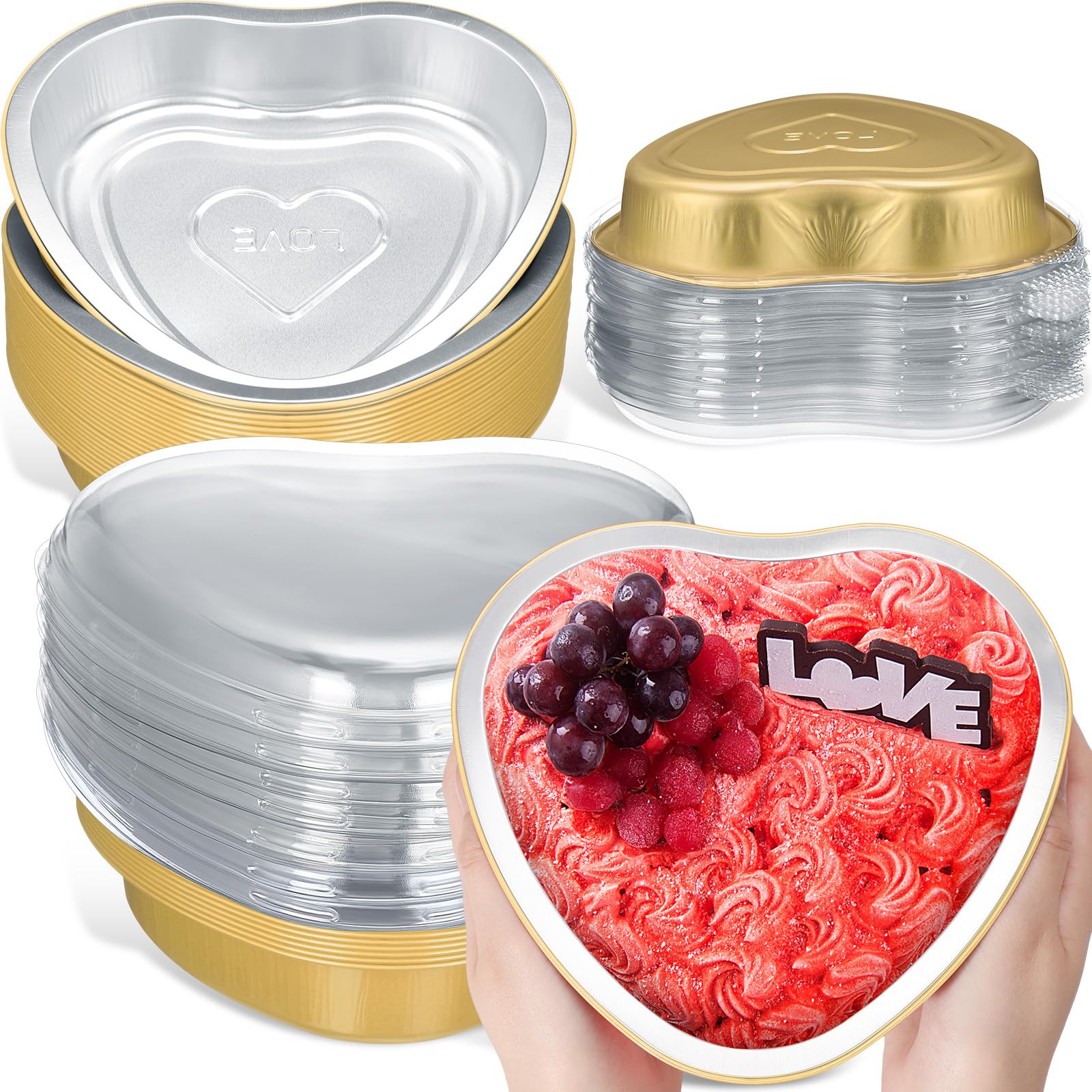 Aluminum Foil Cake Pans Golden Heart Shaped 670 ml/ 22.7 Ounce Baking Cups Pan with Clear Lid Dessert Baking Cups for Mother's Day Wedding Graduation Party Supplies (25 Sets)