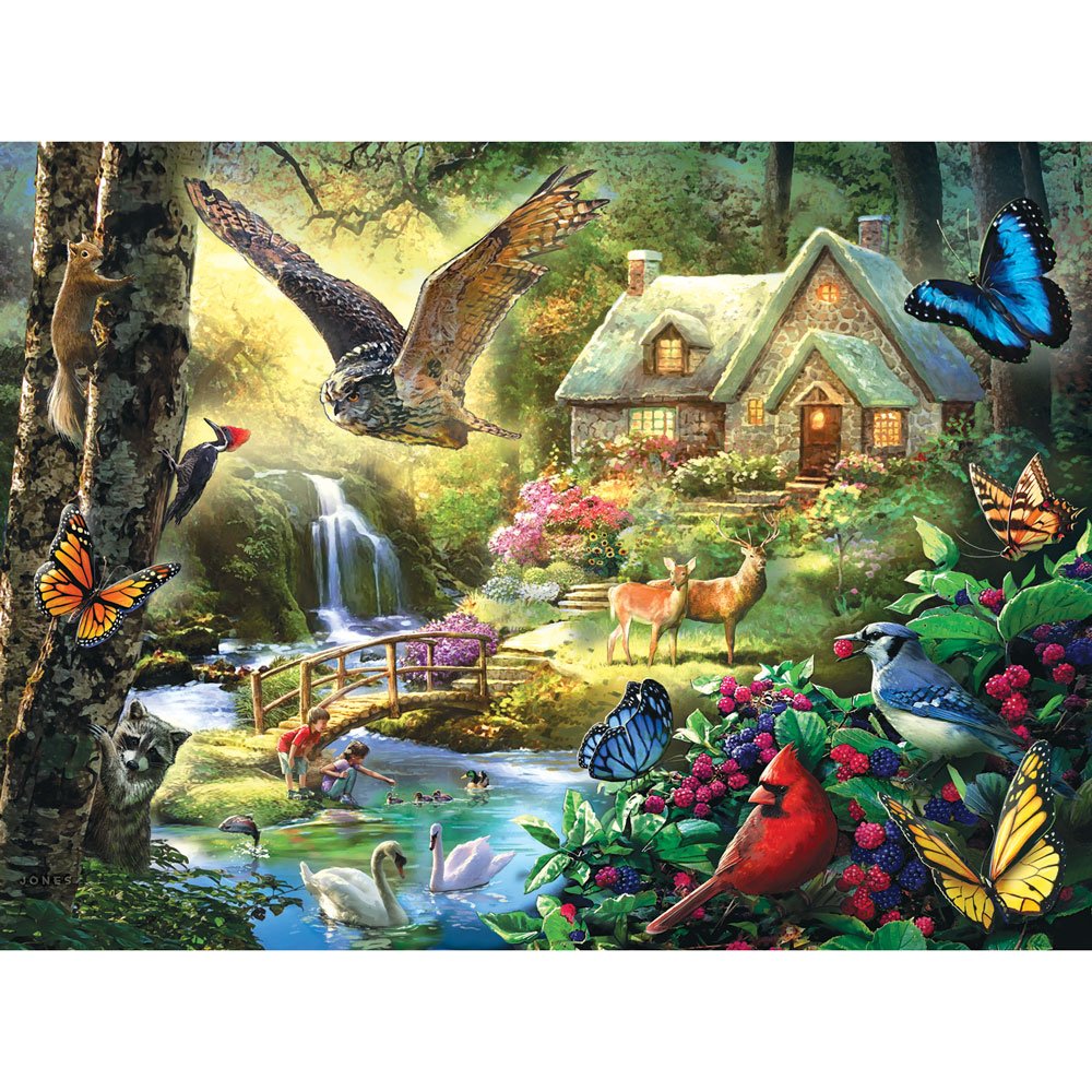 Bits and Pieces - 1000 Piece Jigsaw Puzzle for Adults - Forest Cottage - 1000 pc Owl and Butterfly Jigsaw by Artist Larry Jones