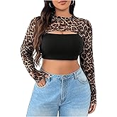 Floerns Women's Plus Size Leopard Print Super Crop Top Bolero Long Sleeve Crew Neck Concert Going Out Shrug Tops