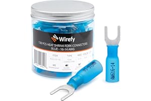 Wirefy 130 PCS Heat Shrink Fork Connectors #10 - Marine Grade Fork Terminals - Spade Fork Wire Connectors - Blue 16-14 Gauge | Fork Connectors for Wiring | Fork Spade Connector | Fork Spade Terminal