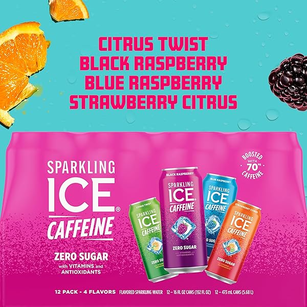 SPARKLING ICE CAFFEINE VARIETY PACK, FLAVORED SPARKLING WATER, ZERO SUGAR, WITH VITAMINS AND ANTIOXIDANTS, 16 FL OZ, 12 COUNT (CITRUS TWIST, BLACK RASPBERRY, BLUE RASPBERRY, STRAWBERRY CITRUS)