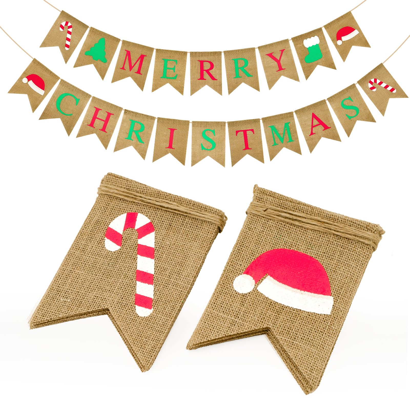 G2PLUS Merry Christmas Burlap Bunting Banner with Rustic Christmas Garland and 20 Flag Pennants for Xmas Decoration