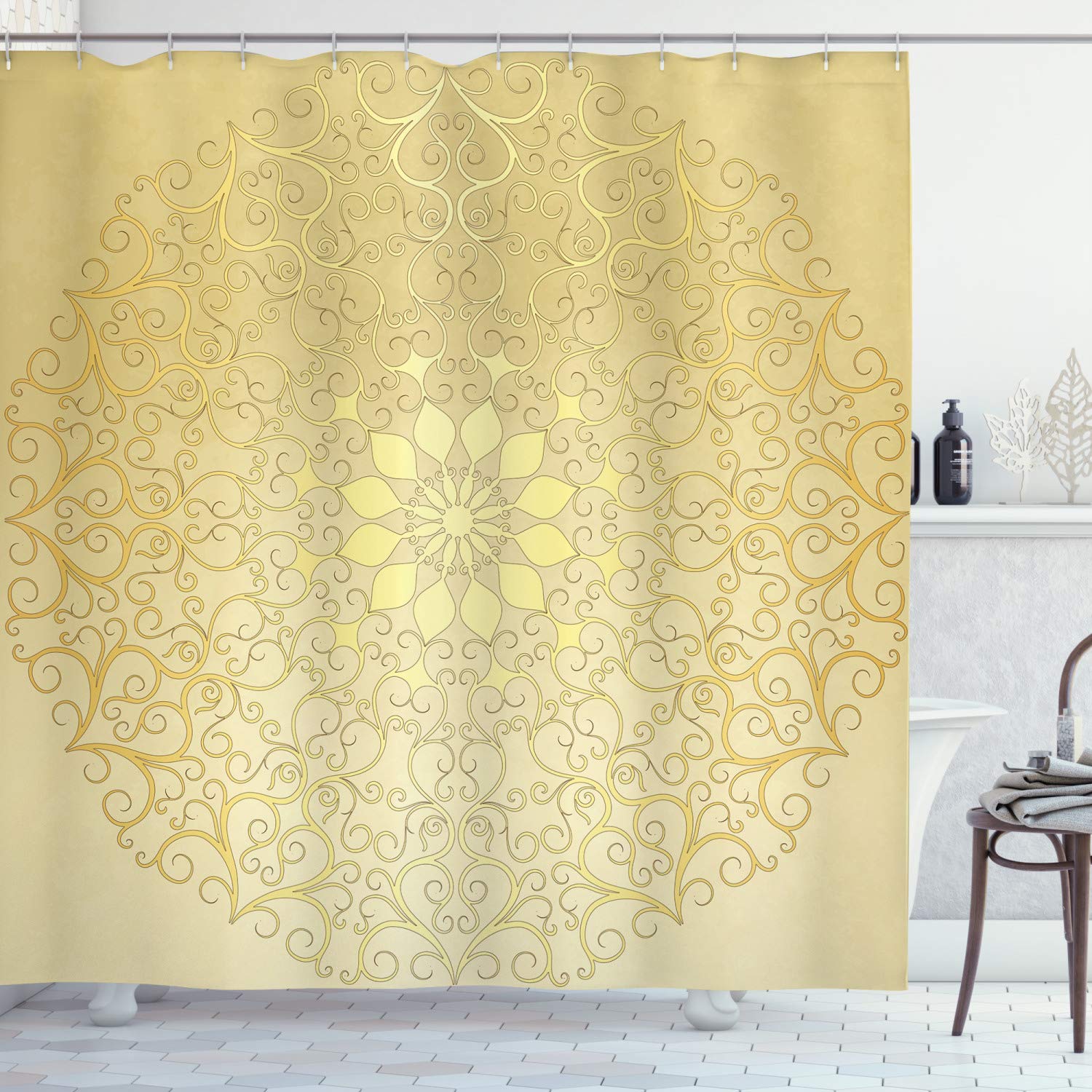 ABAKUHAUS Mandala Shower Curtain, Round Antique Motif Curvy Ornate Heart Shape Influences, Cloth Fabric Bathroom Decor Set with Hooks, 78 Inches, Yellow Pale Yellow
