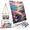 JOOZ Flowers Paint by Numbers Kit for Adults with Frame, Seaside Sunset Paint by Number with Easel, DIY Tulip Adult Paint by Number Kits for Home Wall Decor 8 x 12 Inch