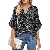 Lotusmile Womens 3/4 Sleeve Tops Dressy Business Casual Outfits V Neck Chiffon Work Blouses