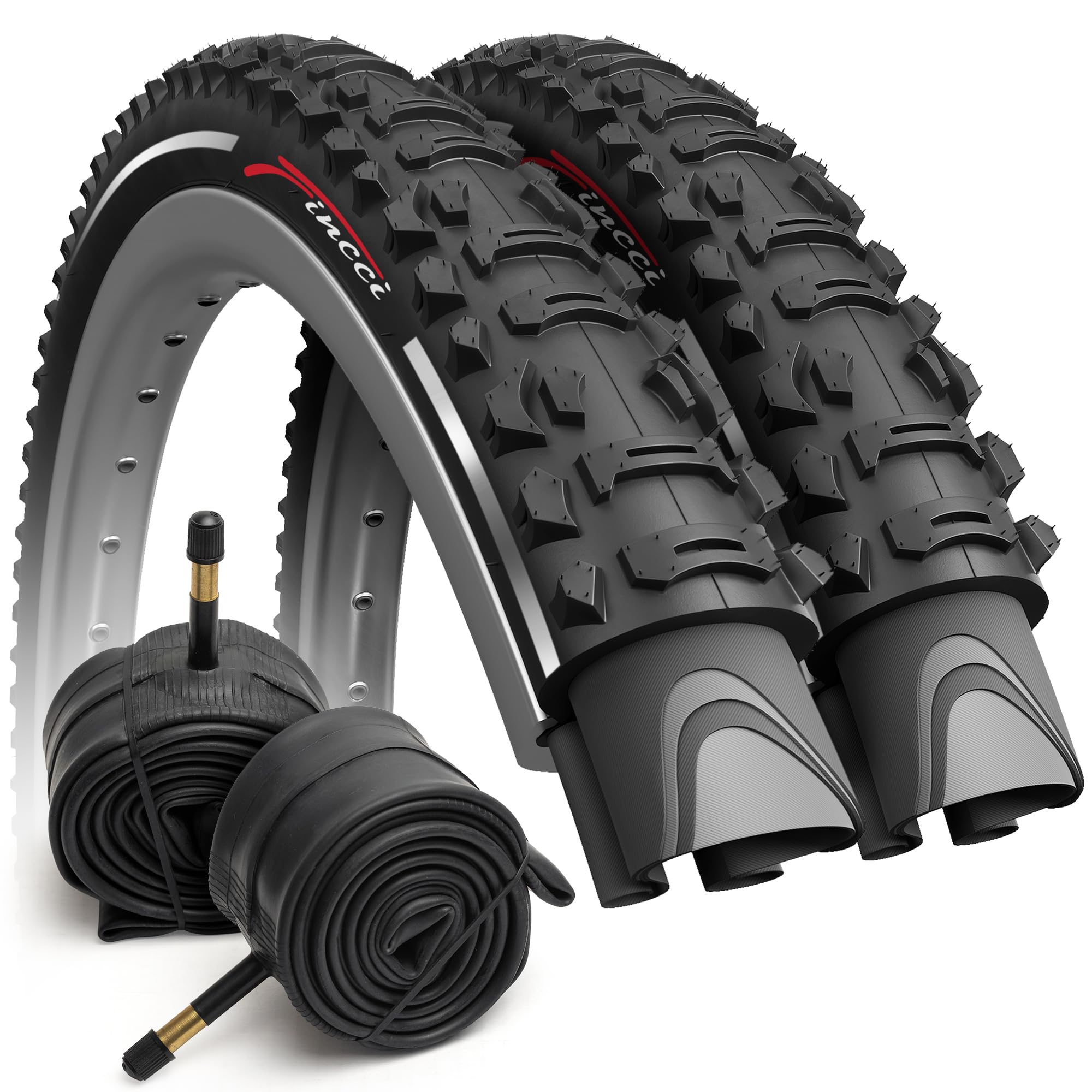 Fincci Bike Tyres 26x1.95 - Set Reflective 26 Inch Bike Tyres 50-559 with 2x 26 inch Inner Tubes Schrader Valve 48 mm for Mountain Bike, Hybrid Cross Country Bicycle - Foldable mtb accessories 26"