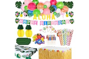 TOONEV Tropical Luau Party Decoration Pack Hawaiian Beach Theme Party Flamingo Pineapple Décors Multi Scene Luau Party Supplies (135pcs) Happy Birthday & Aloha Felt Banner Table Skirt Disposable Tablecloth