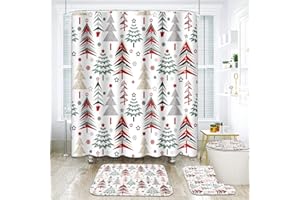 ARTSOCKET Christmas Trees Bathroom Set with Shower Curtain and Rugs Accessories, Christmas Forest Merry Christmas Shower Curtain for Bathroom, Winter Bathroom Decor 4 Pcs