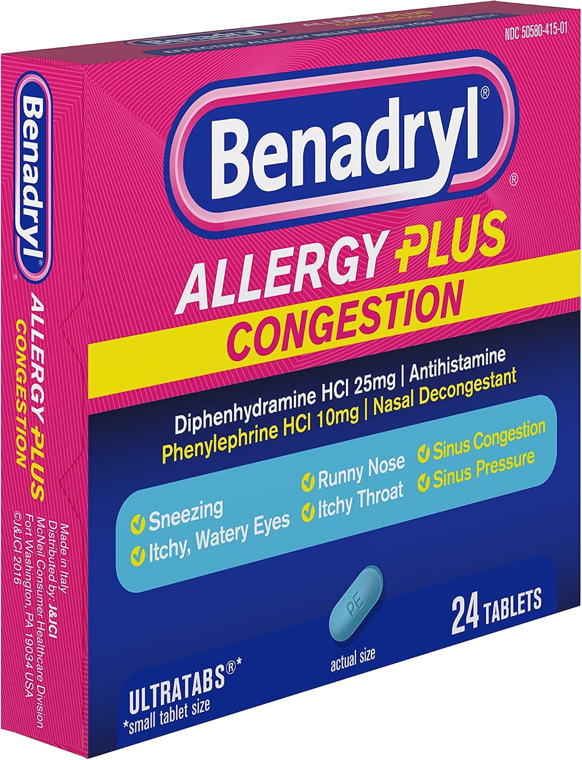 Benadryl Allergy Plus Congestion Ultratabs, Allergy & Congestion Relief Medicine, 24 ct: Health & Personal Care
