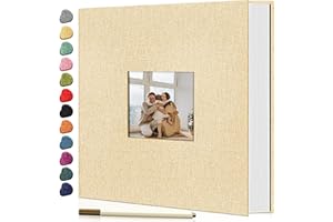 EJBLFE 60 Pages Large Photo Album Self Adhesive for 4x6 5x7 8x10 Photos with Window Linen Cover DIY Scrapbook with Metal Pen and Plastic Plate, Perfect for Storing Memories