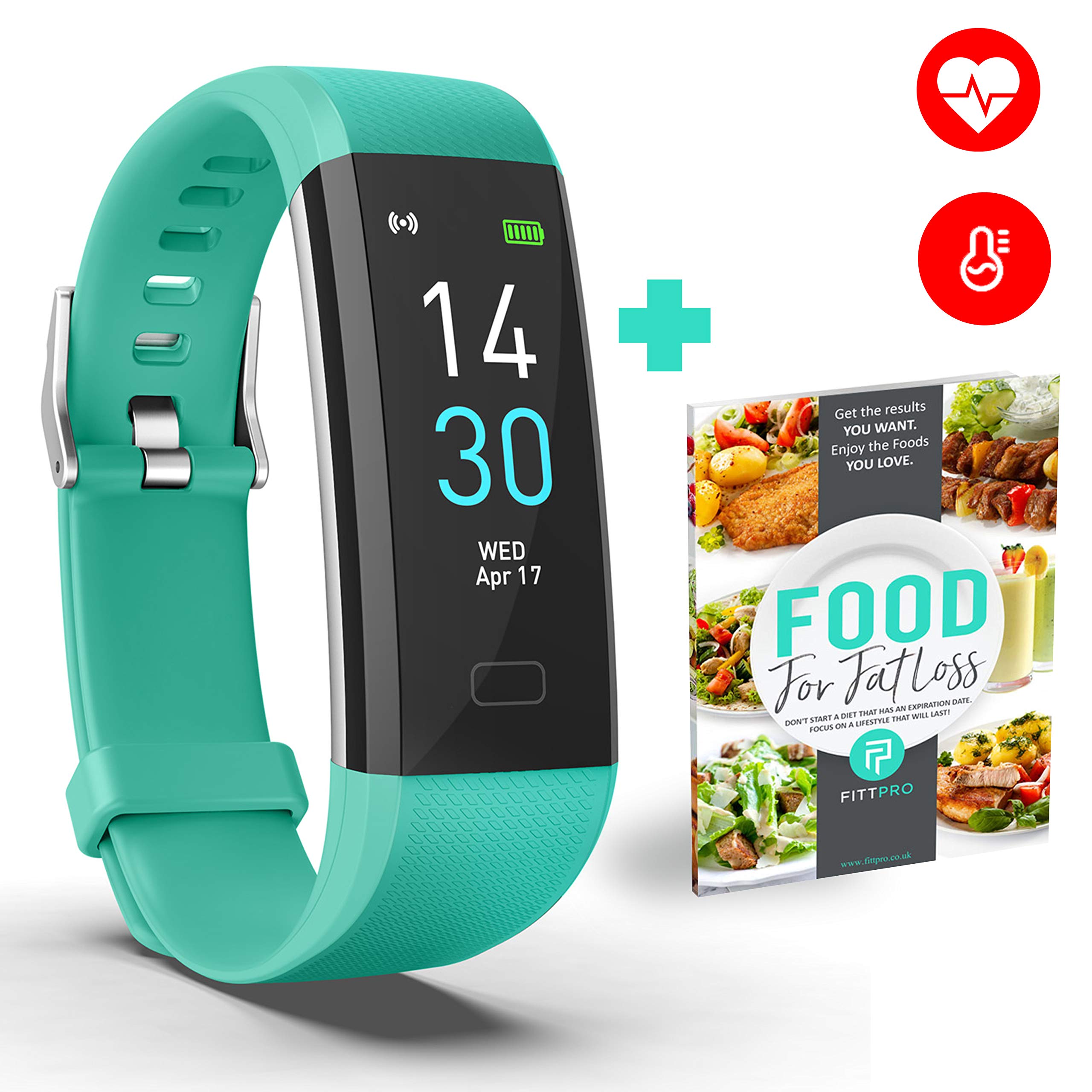 FITTPro Fitness Tracker - Blood Pressure - Heart Rate, Monitor Steps, Calories, Gym, Running Gear - IP68 Waterproof, Long Battery Life - With Fat Loss eBook and Online Personal Trainer