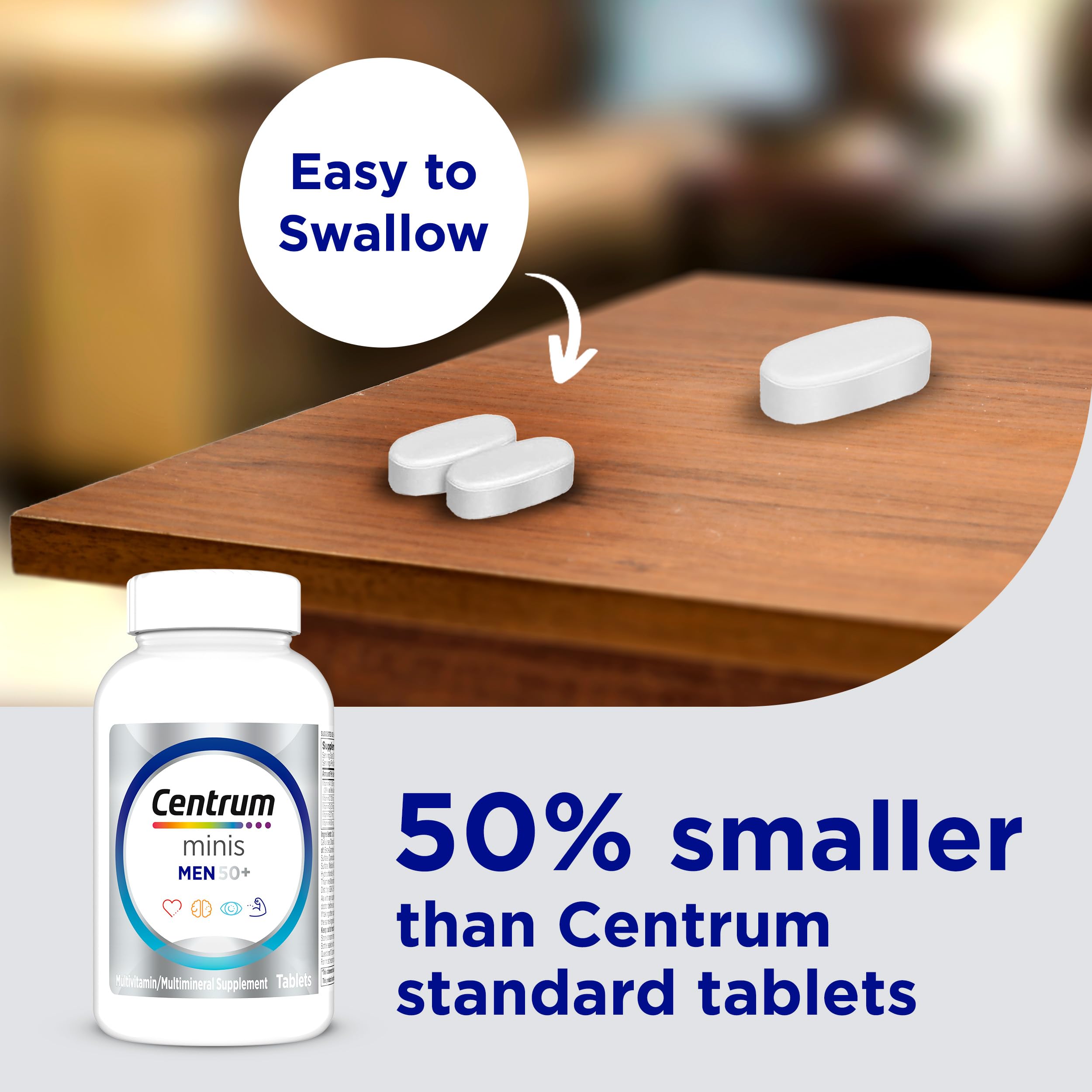 Centrum Minis Silver Multivitamin for Men 50 Plus, Multivitamin/Multimineral Supplement, Vitamin D3, B-Vitamins and Zinc, Non-GMO Ingredients, Supports Memory and Cognition in Older Adults - 280 Ct