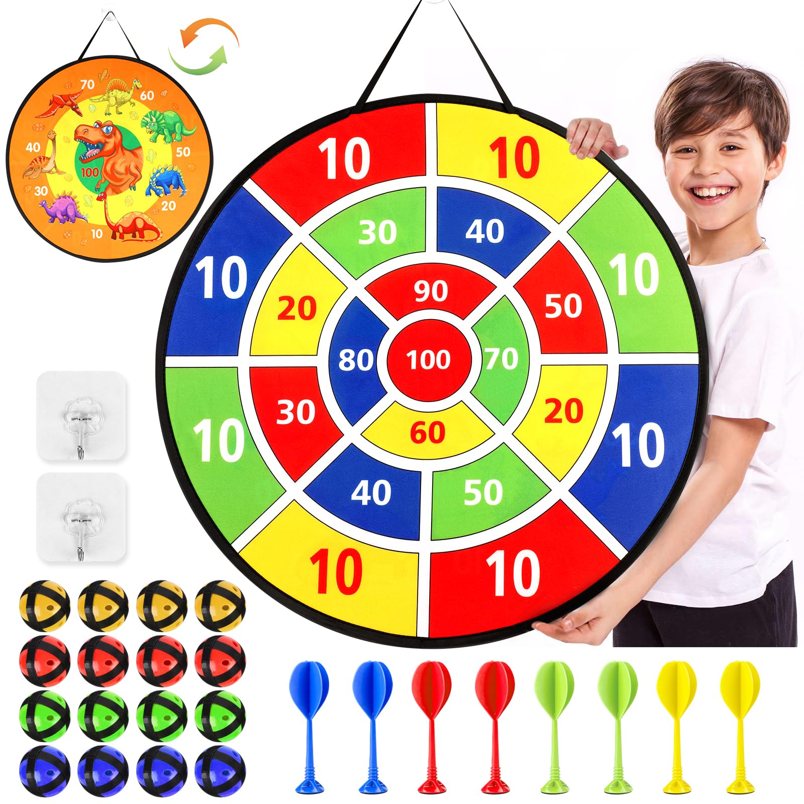 26 Inches Kids Toys Dart Board,Dinosaur Theme Double Sided with 16 Sticky Balls and 8 Darts, Safe Indoor Outdoor Sports Party Game Toys for 3 4 5 6 7 8+ Years Old Boys Girls Gift