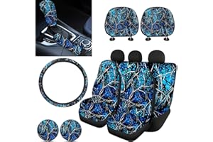 FKELYI Blue Camo Car Seat Covers Front&Back Seat Protector+Cup Holder Pads+Steering Wheel Cover+Gear Shift Cover+Handbrake Cover+Headrest Covers Set,Camouflage Design
