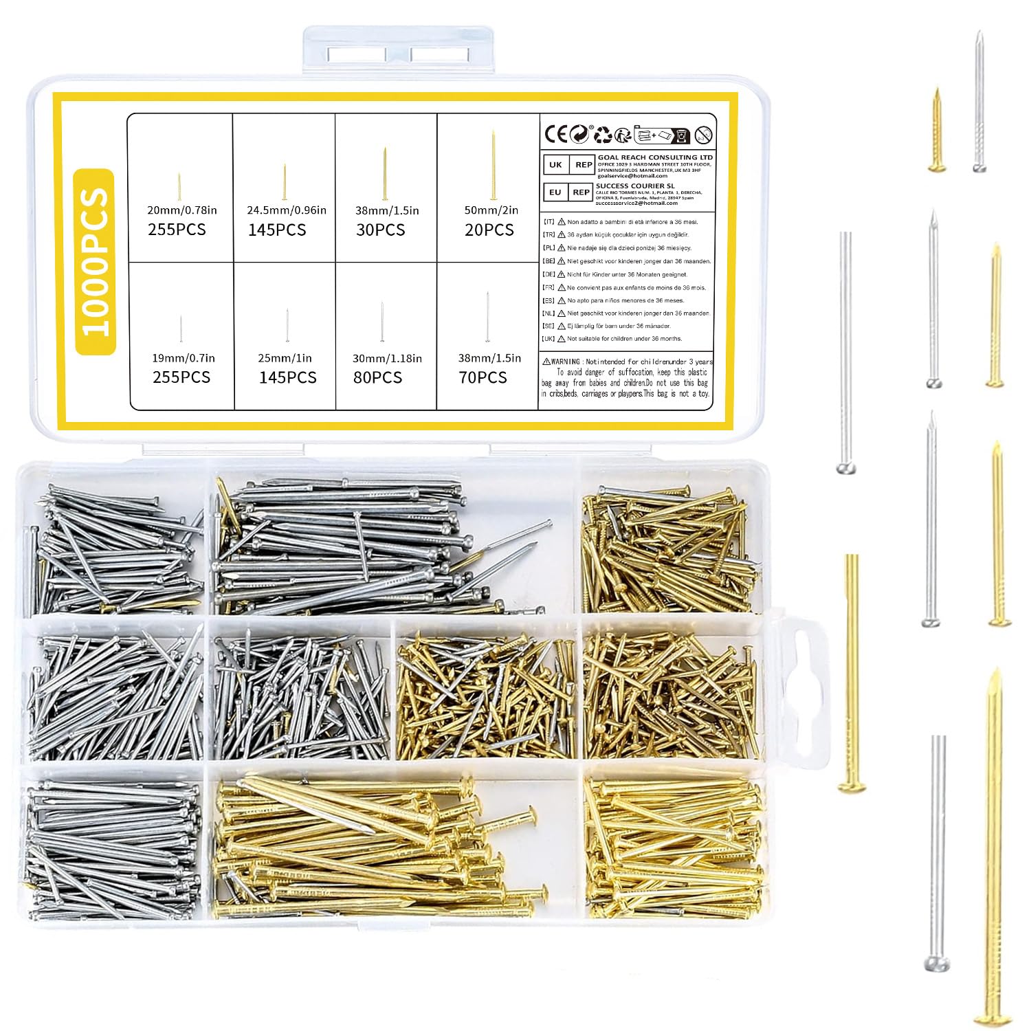 1000 Pcs Assorted Nails Set - Flat Head, Concrete Wall Hanging Nails for Hanging Pictures, Woodworking, Drywall, DIY & Crafts, Home Construction - Various Sizes