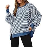 Fisoew Women's Fall Oversized Sweatshirt Casual Waffle Knit Long Sleeve Crewneck Split Pullover Tunic Tops