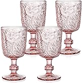 Tebery 4 Pack Pink Glass Wine Goblet Vintage, 10oz Colored Beverage Stemmed Glass Cups, Embossed Glassware Set for Water, Juice, Wine,Beer and Cocktails
