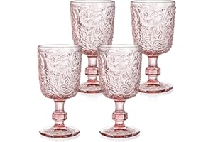 Tebery 4 Pack Pink Glass Wine Goblet Vintage, 10oz Colored Beverage Stemmed Glass Cups, Embossed Glassware Set for Water, Jui